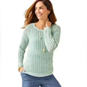Talbots 100% Cotton Sweater Open Stitch Space Dyed Turquoise White Size …​